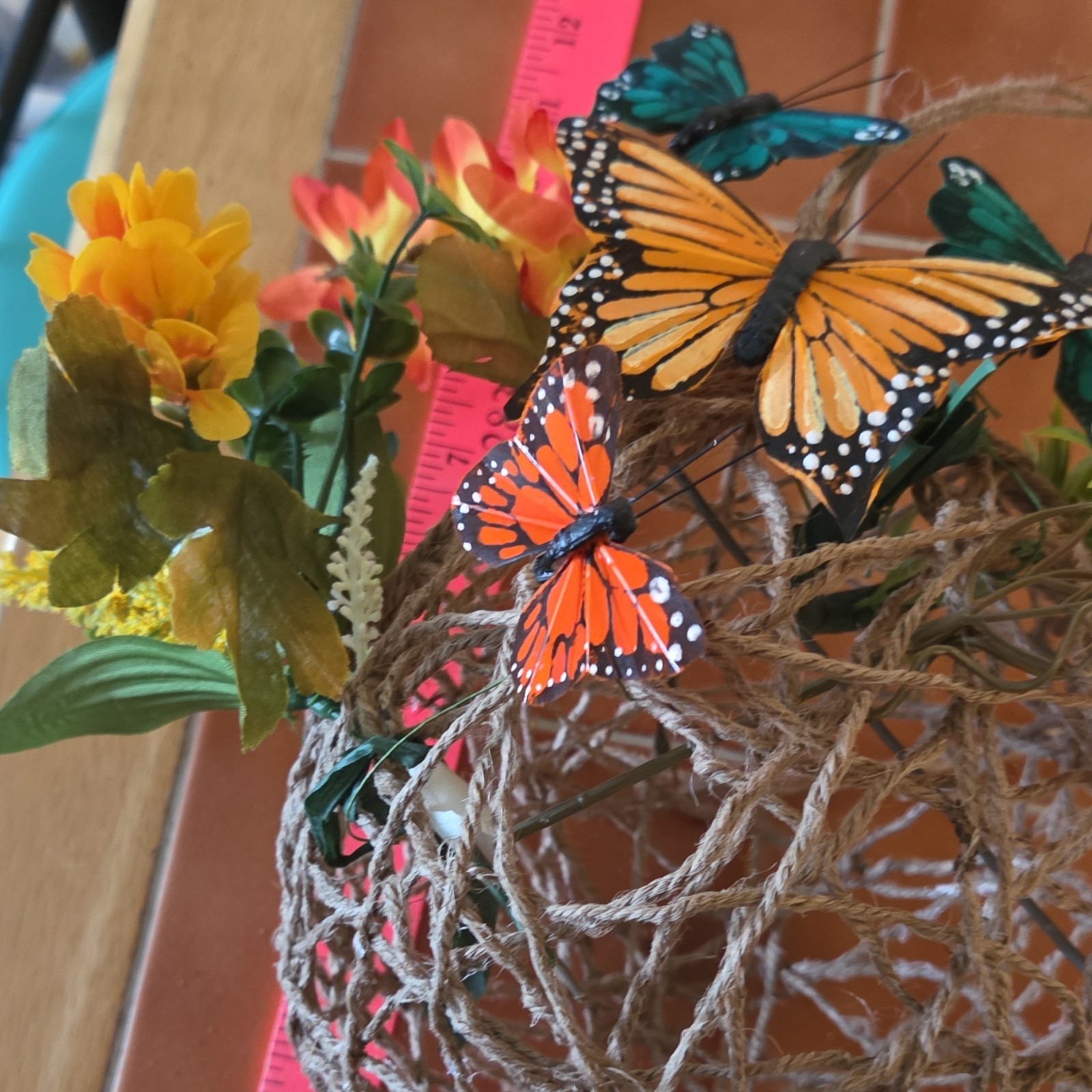 Artificial Twine Decorative Ball Door Decoration w/ Flowers & Butterflies Brown