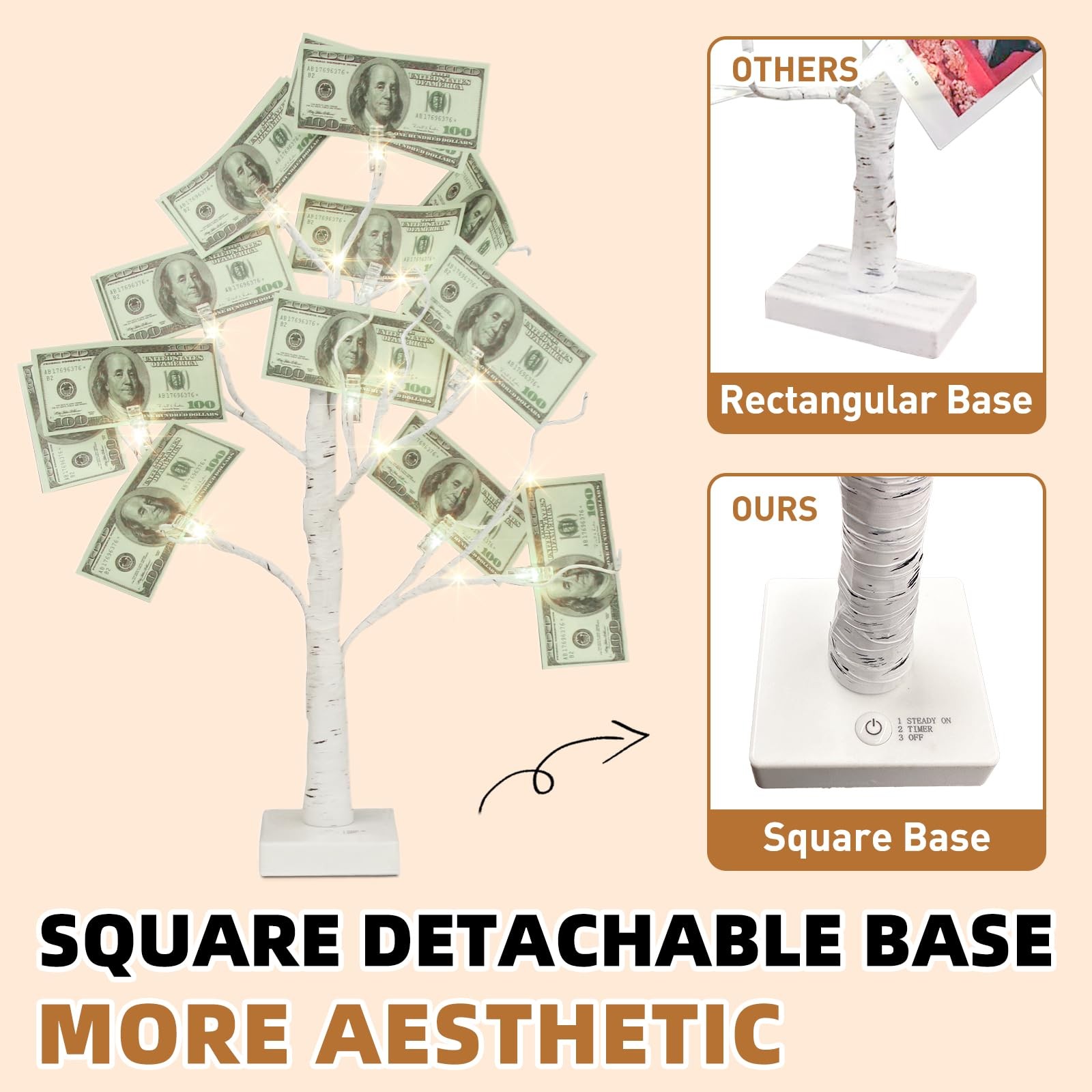 Money Tree Gift Holder, Set of 2 Birch Tree with 12 Clear Clips, Battery/USB …