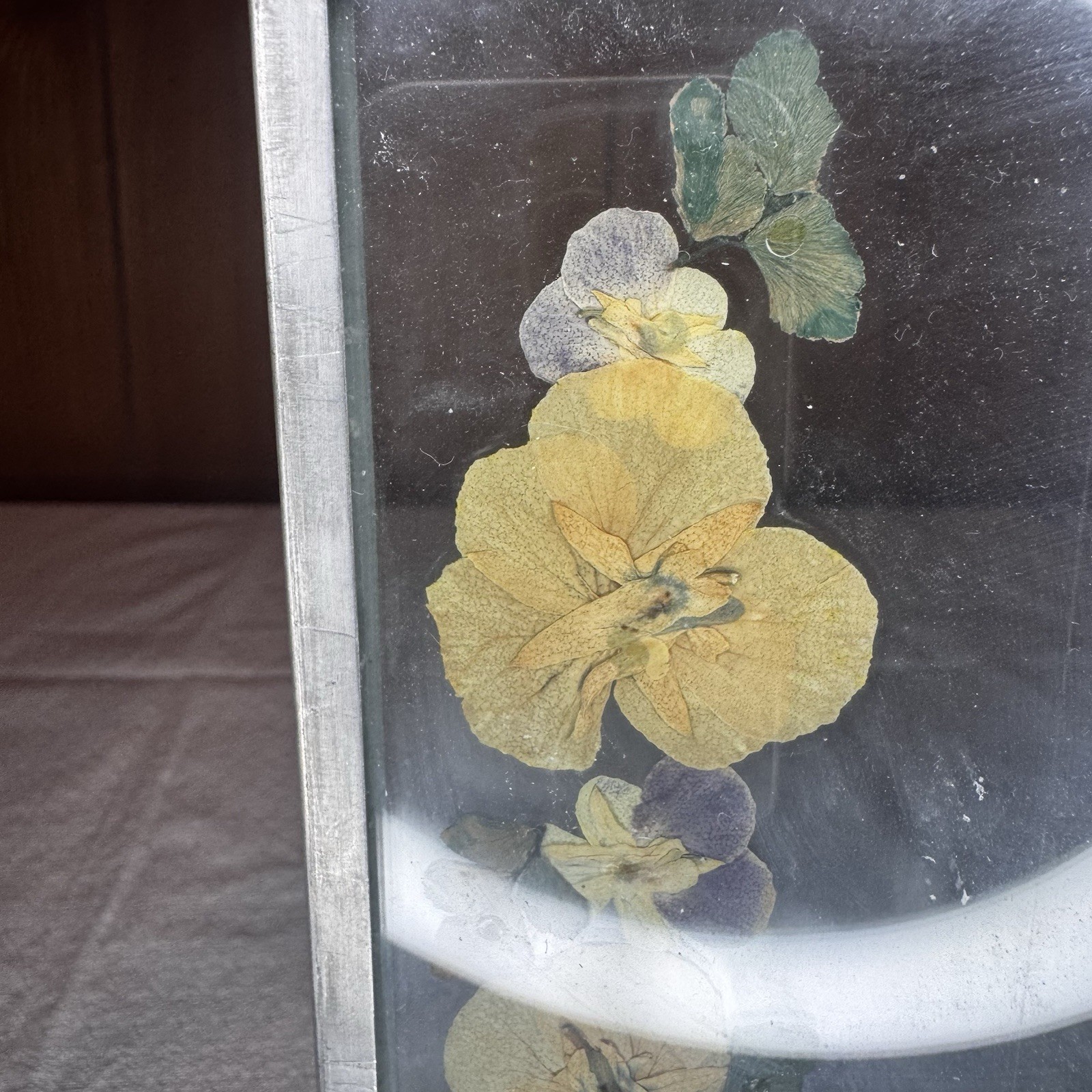 Vintage Pressed Pansy Flower Art Glass Panel Metal Stand Botanical Decor