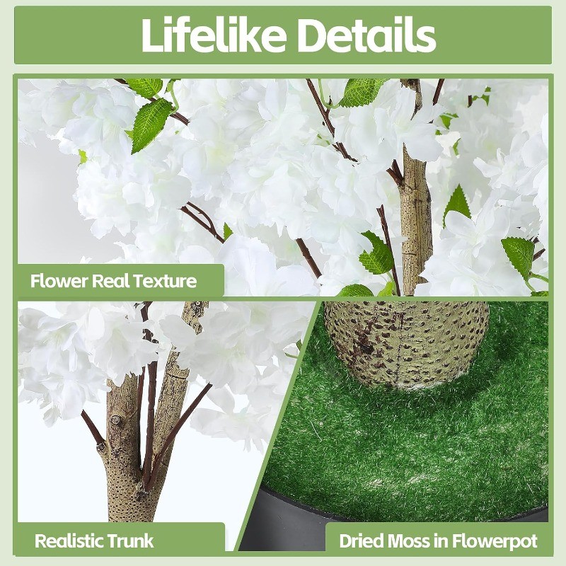 6Ft Tall White Artificial Cherry Blossom Tree,Faux Tree with Plastic Nursery Pot