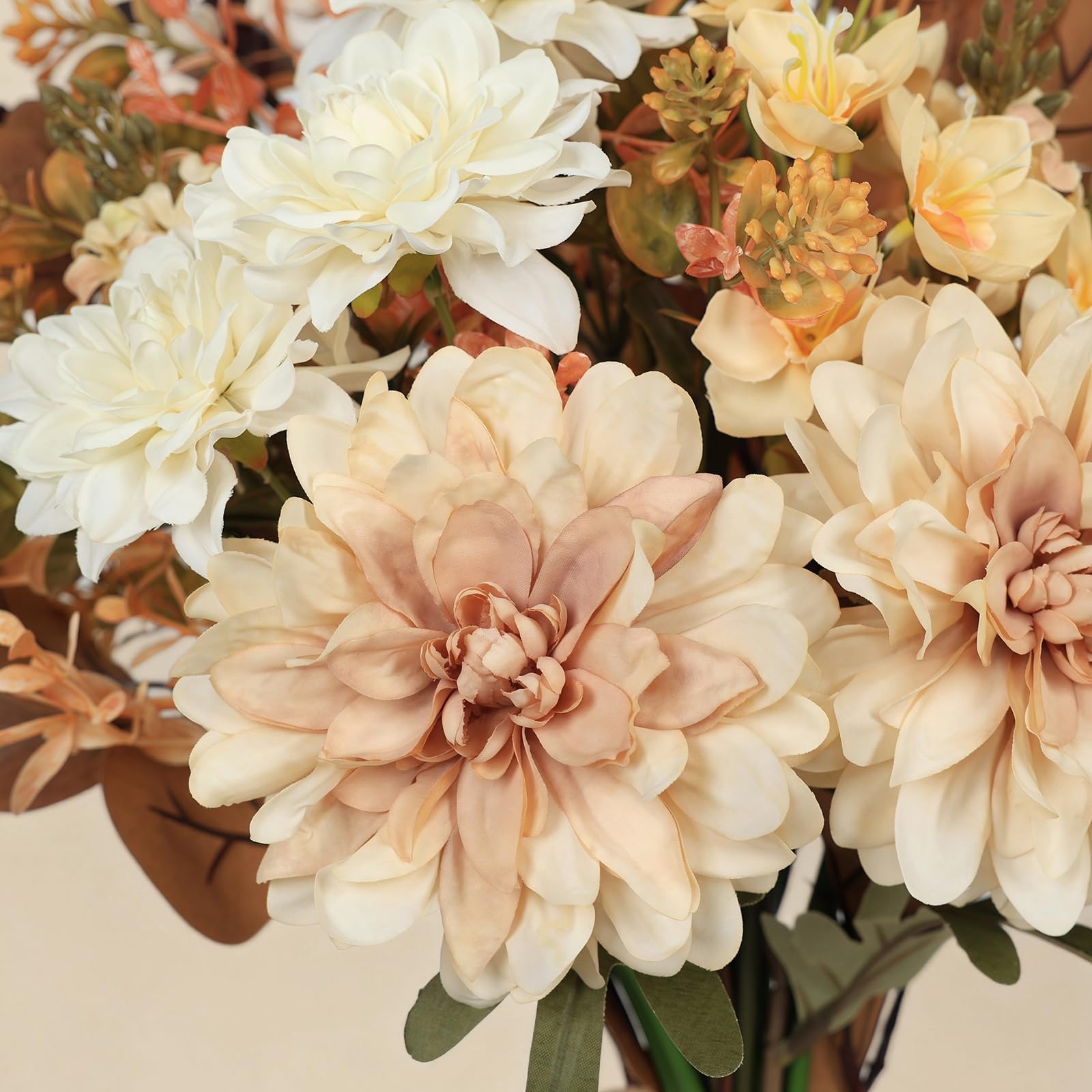 Artificial Fall Flowers Bouquet in Ceramic Vase, Faux Brown Flower Centerpiec…