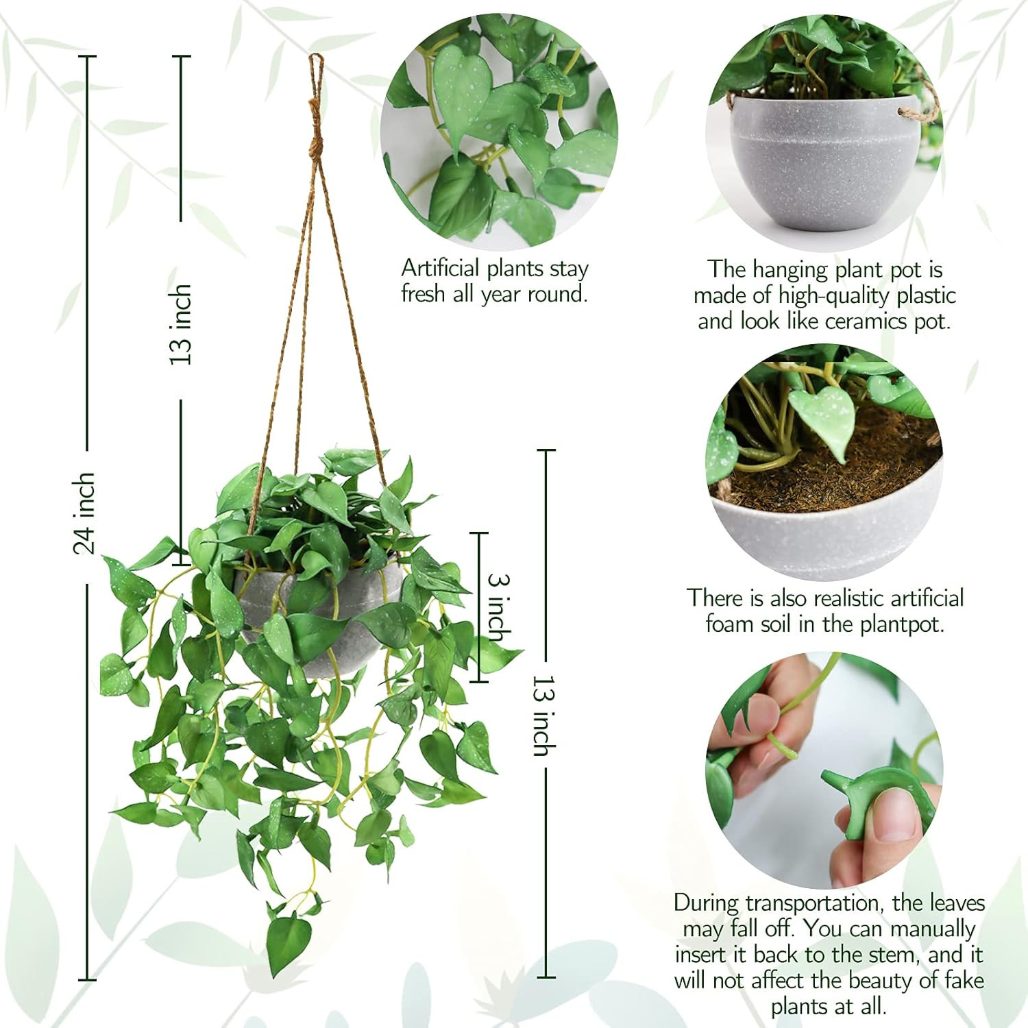 Hanging Plant Fake Plants with Pots, 2 Pack Artificial Plants, Faux Anthurium Le