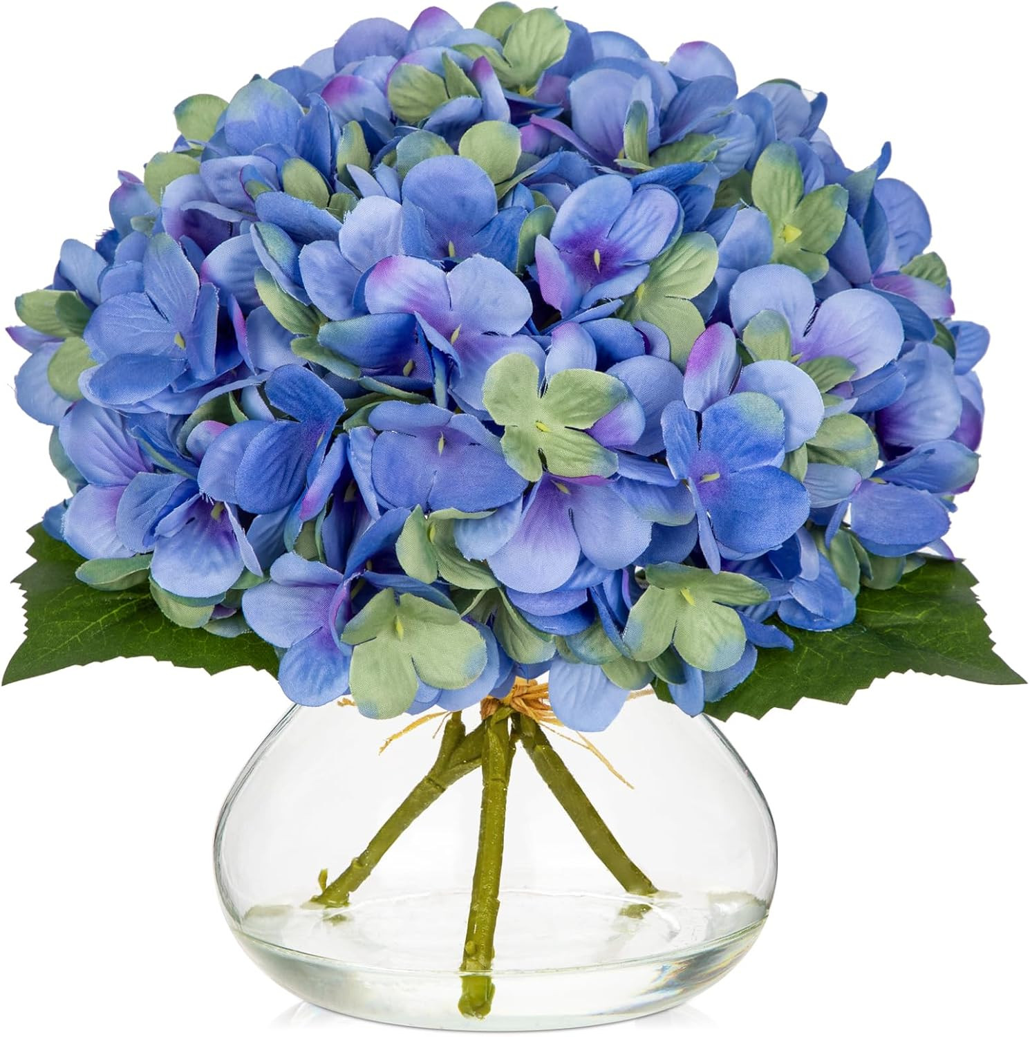Hydrangea Artificial Flowers with Glass Vase Blue-Green Silk Faux Flowers Arrang