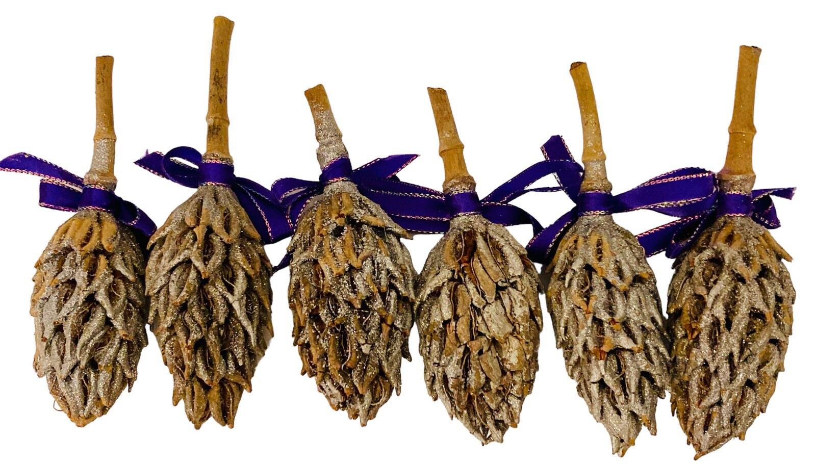 13 Magnolia Seed Pods Decor Silver Glittered Purple Ribbon Bows
