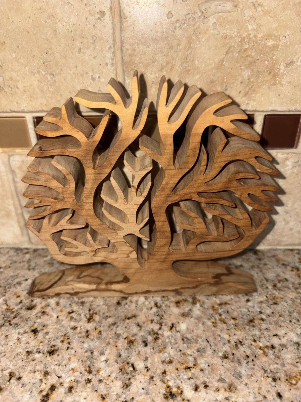 Wooden Tree Decoration has a signature on bottom – hand carved 5″ #F28