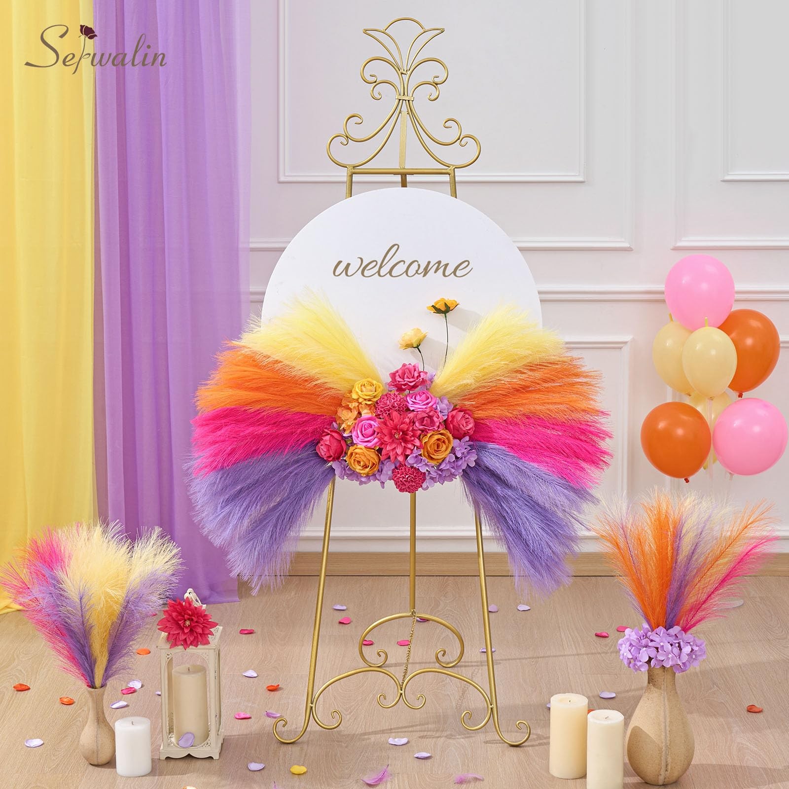 6 PCS Pampas Grass Decor 17.7 Inch Light Yellow Artificial Fluffy Vase Filler