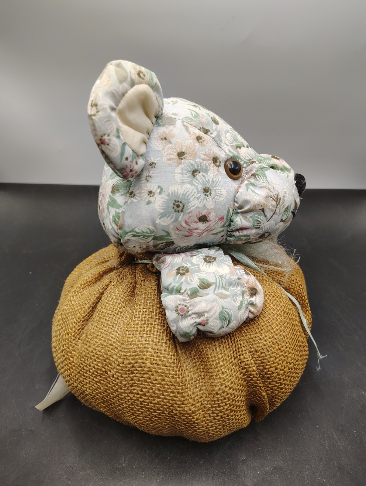 VTG Floral Teddy Bear Burlap Pumpkin Fabric Doorstop 9 Inch Heavy 3 Lb