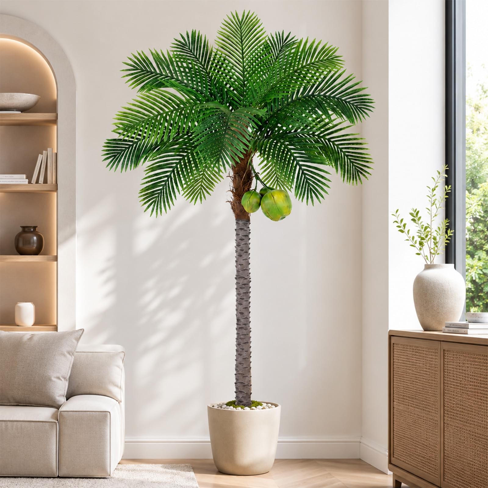 7ft Tall Artificial Phoenix Palm Tree with 3 Coconut Fruits, Large Fake Tropi…
