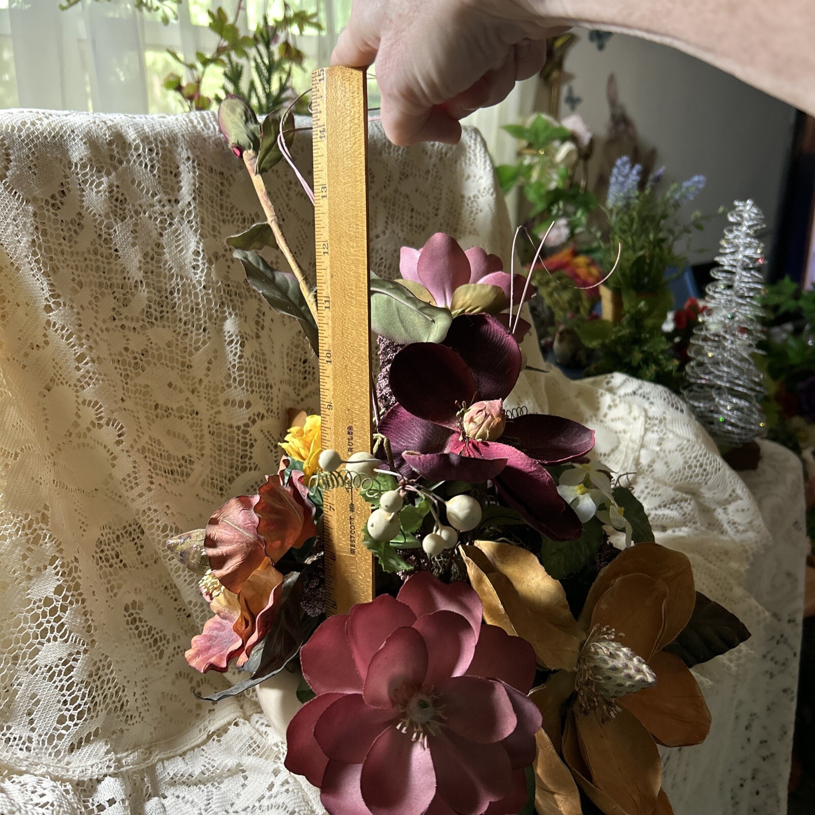 Exotic Artificial Floral Arrangement In A Porcelain Dish Made In Portugal