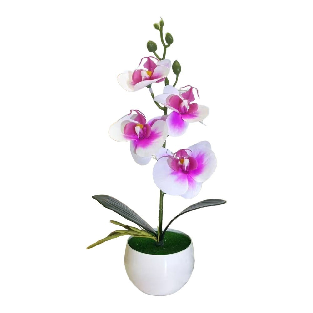 Small Round Belly Pot Faux Butterfly Orchid Four Flower Silk Plant for Entryway