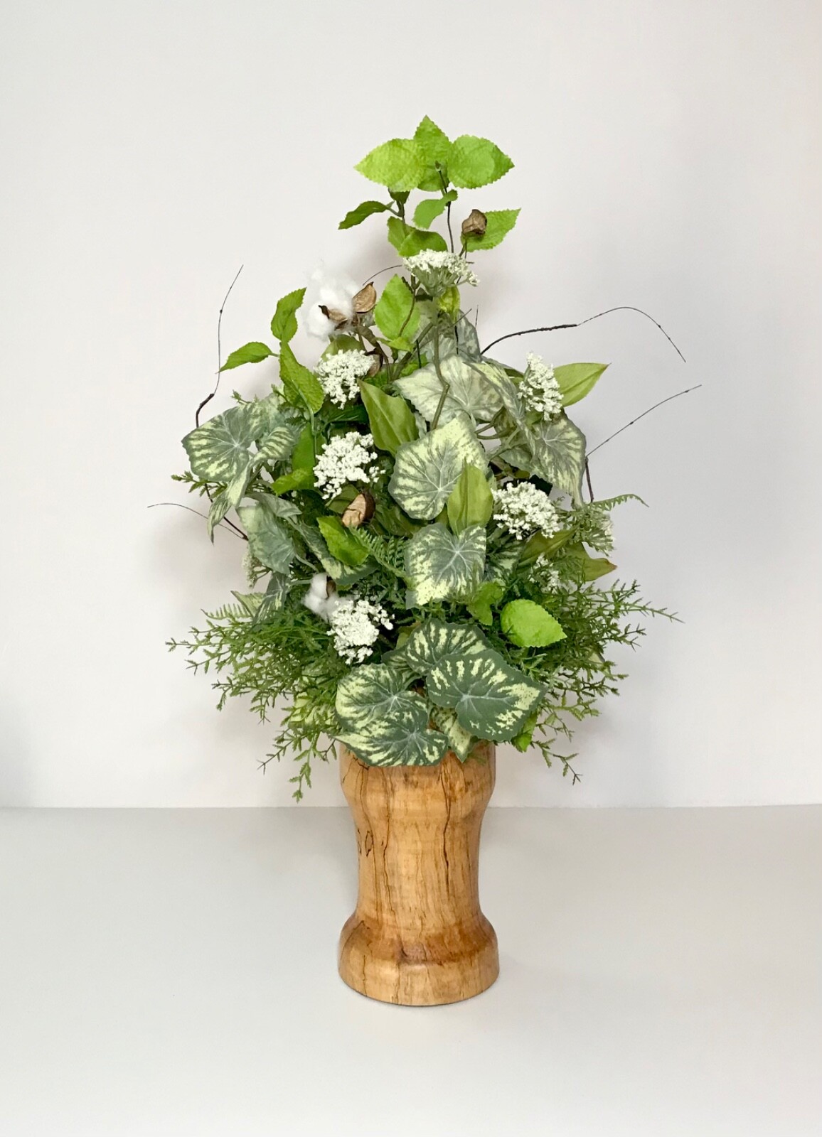 EVERYDAY YEAR ROUND FLORAL COTTON STEMS ARRANGEMENT WOOD COLUMN CENTERPIECE NEW