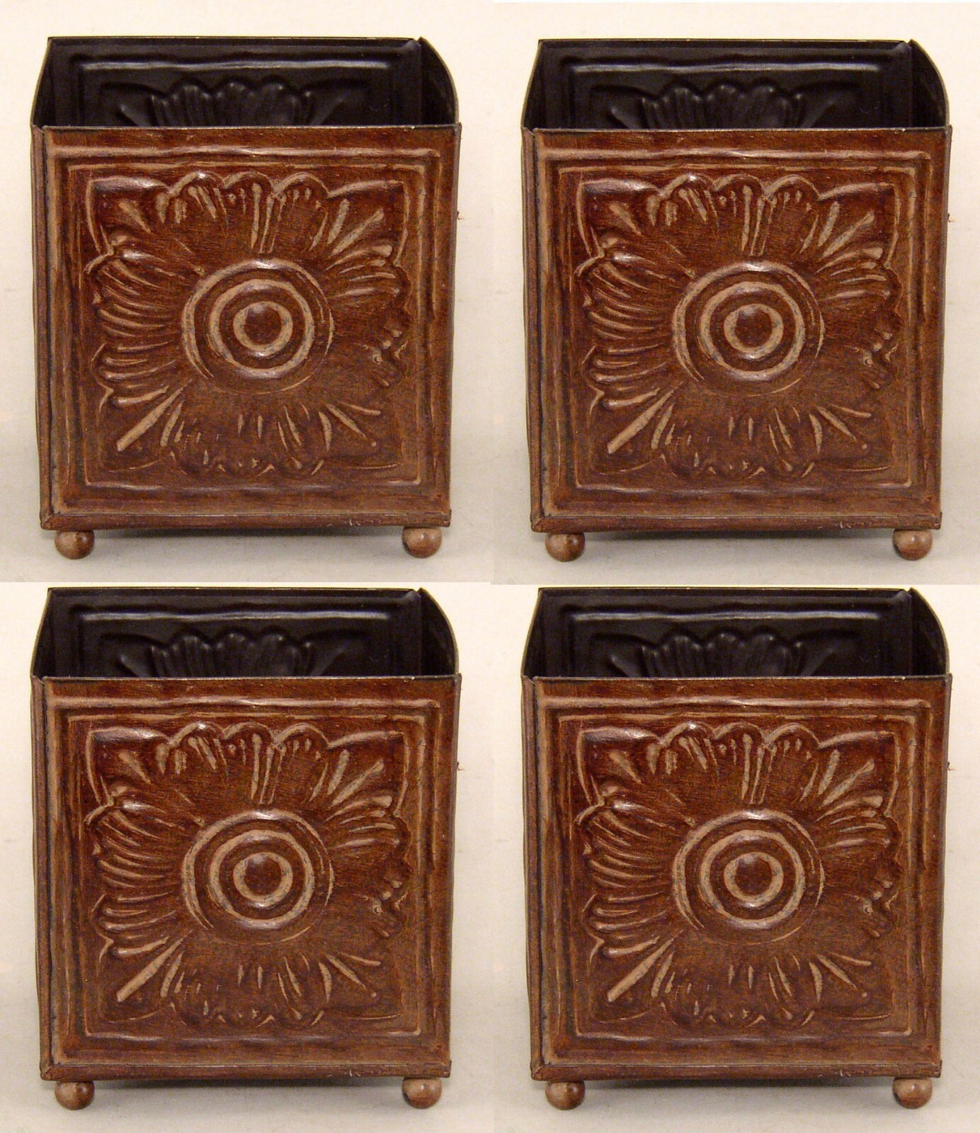 Planter Container Brown Embossed 4-Ball Feet 5″Square 6″High Set of 4