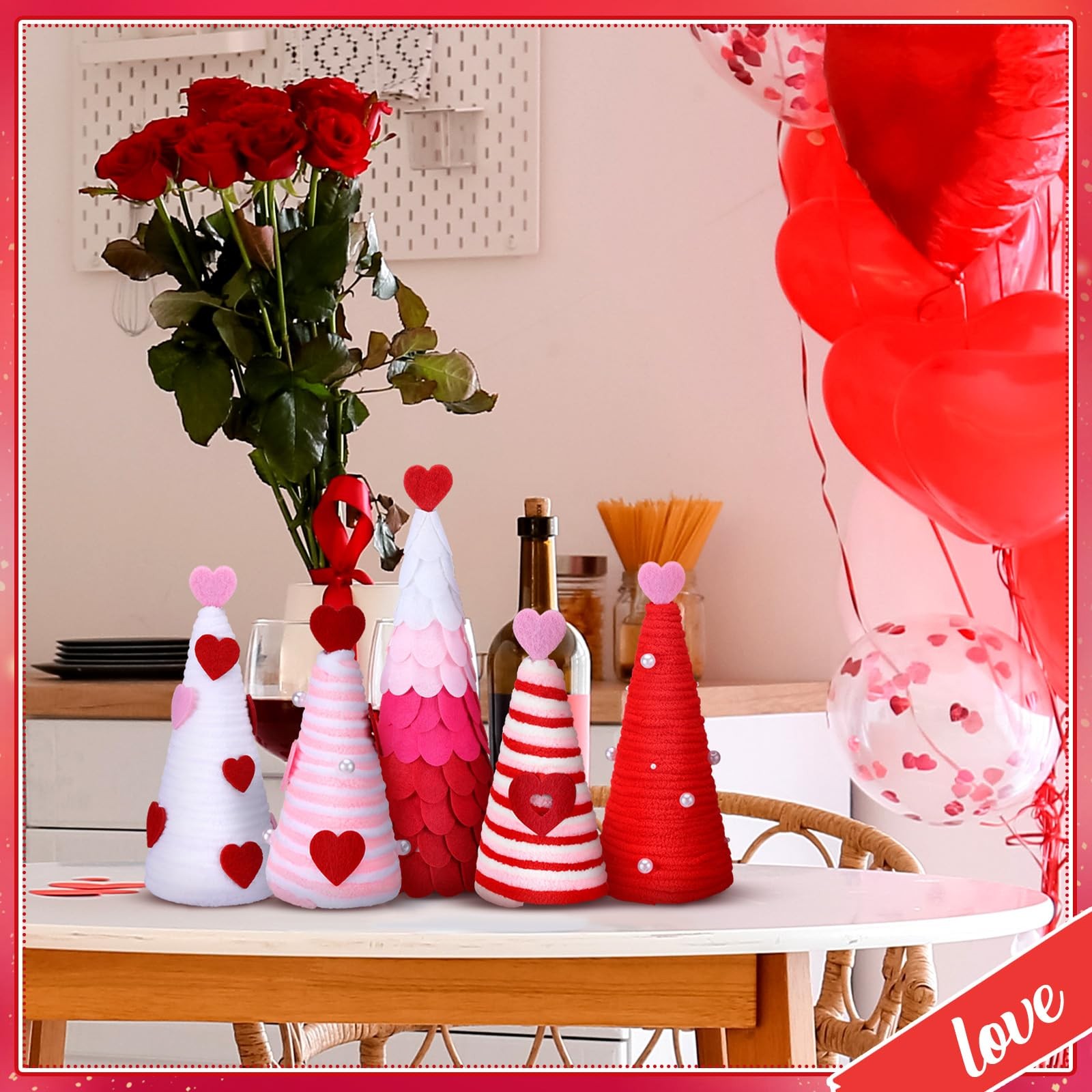 5 Pcs Valentines Day Tree, Pink White Red, Yarn Wrapped, Heart, Centerpieces