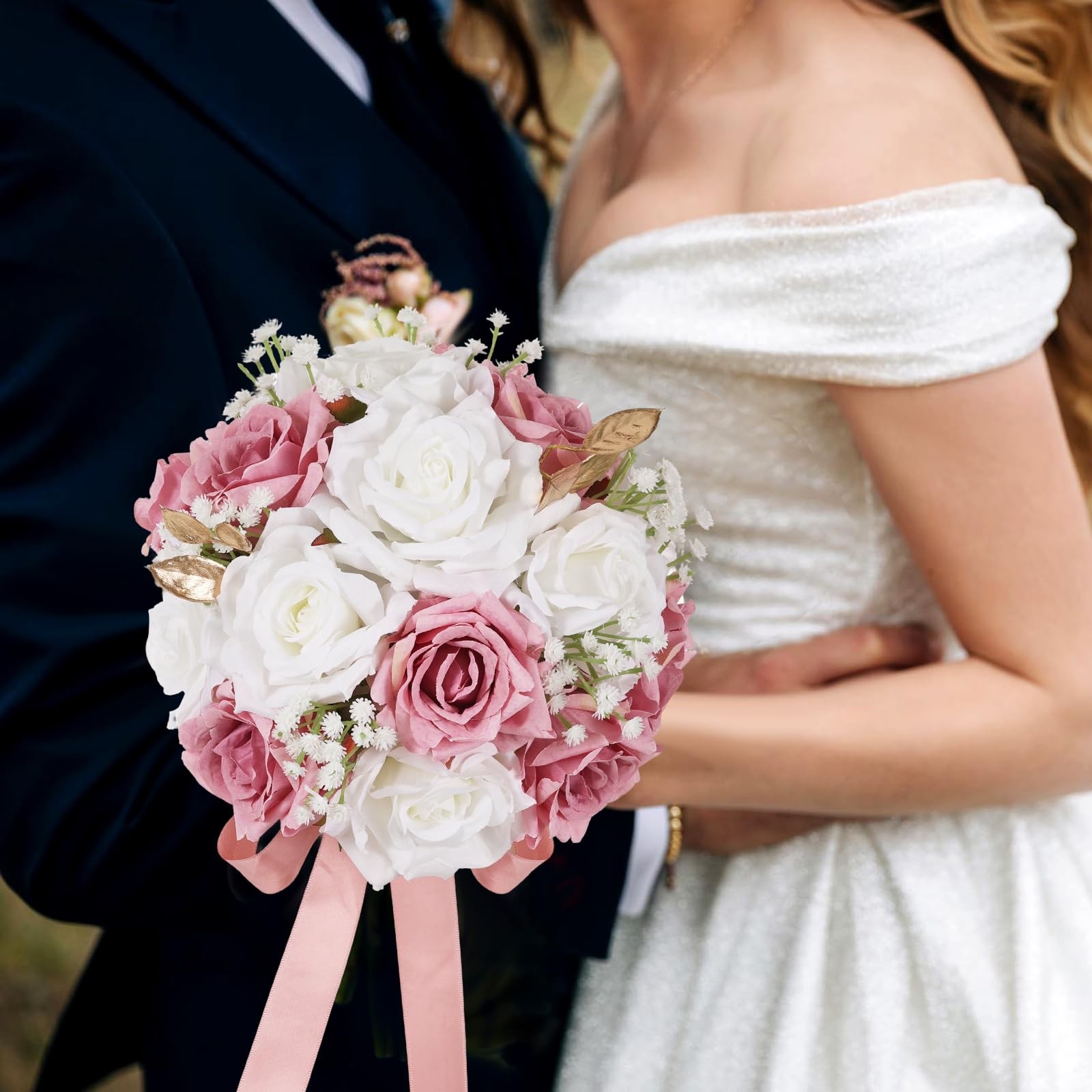 Wedding Bouquet For Bride Realistic Silk Artificial Roses White Pink 9 Inch