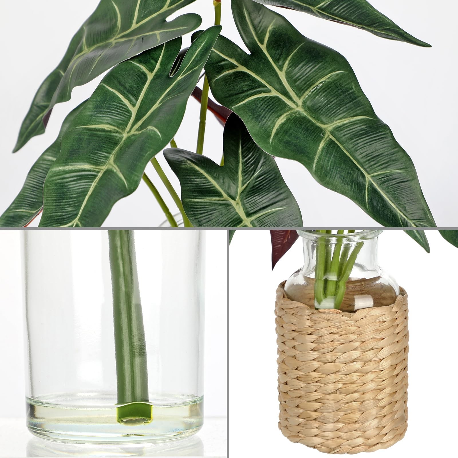 2 Packs Real Touch Faux Alocasia Plants in Vase with Woven Sleeve & Faux Wate…