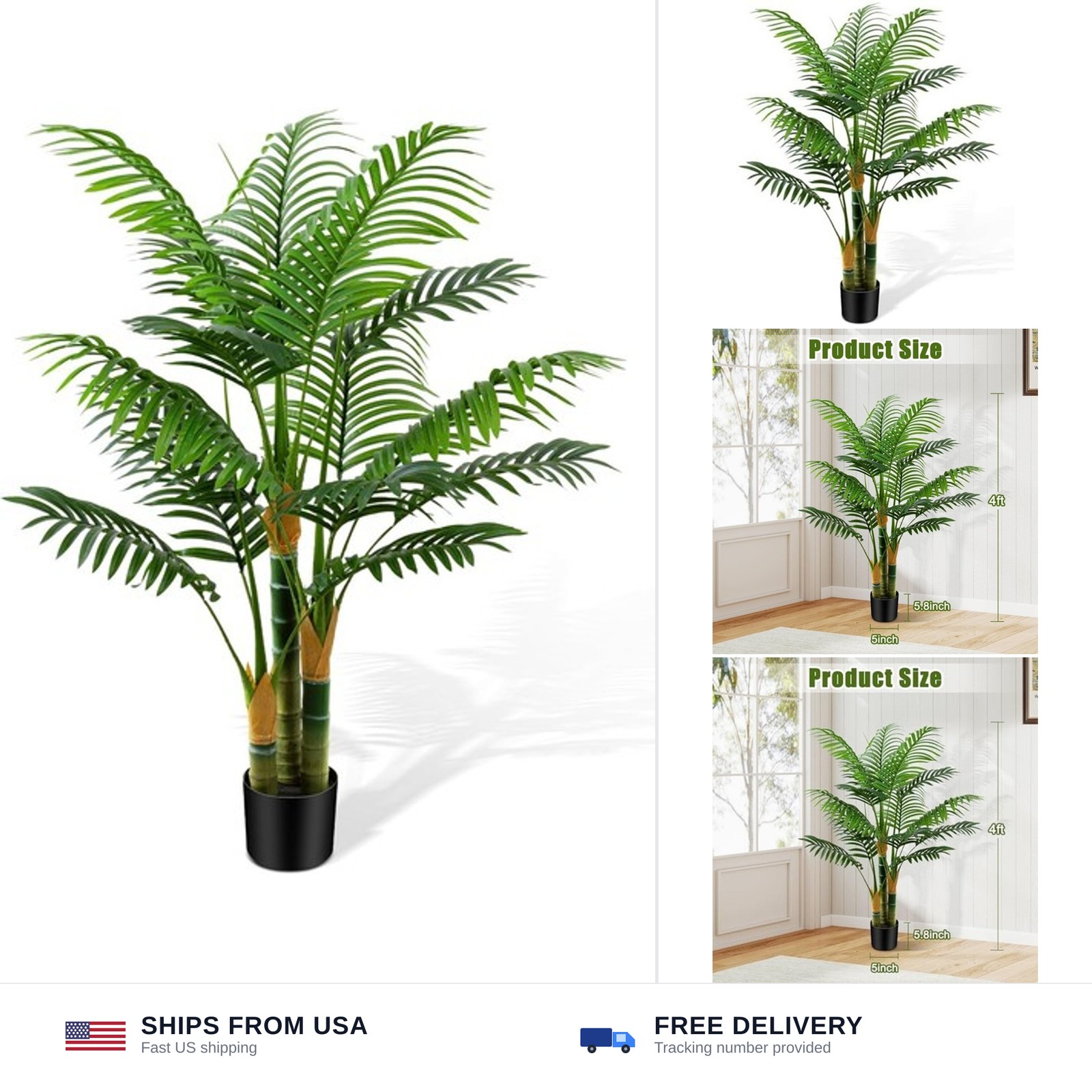 4ft Tall Golden Cane Artificial Tree Palm Outdoor, Large Artificial Plants Ou…