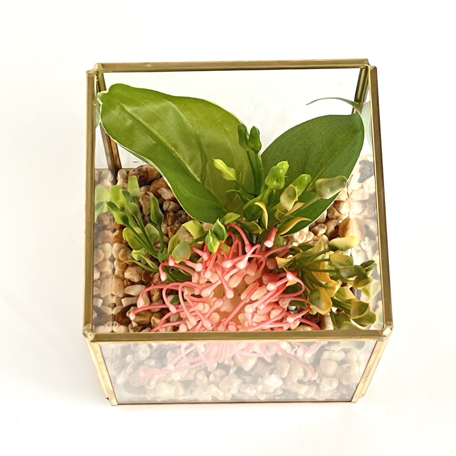 Geometric Square Terrarium Tabletop Planter Artificial Succulents 4” Brass
