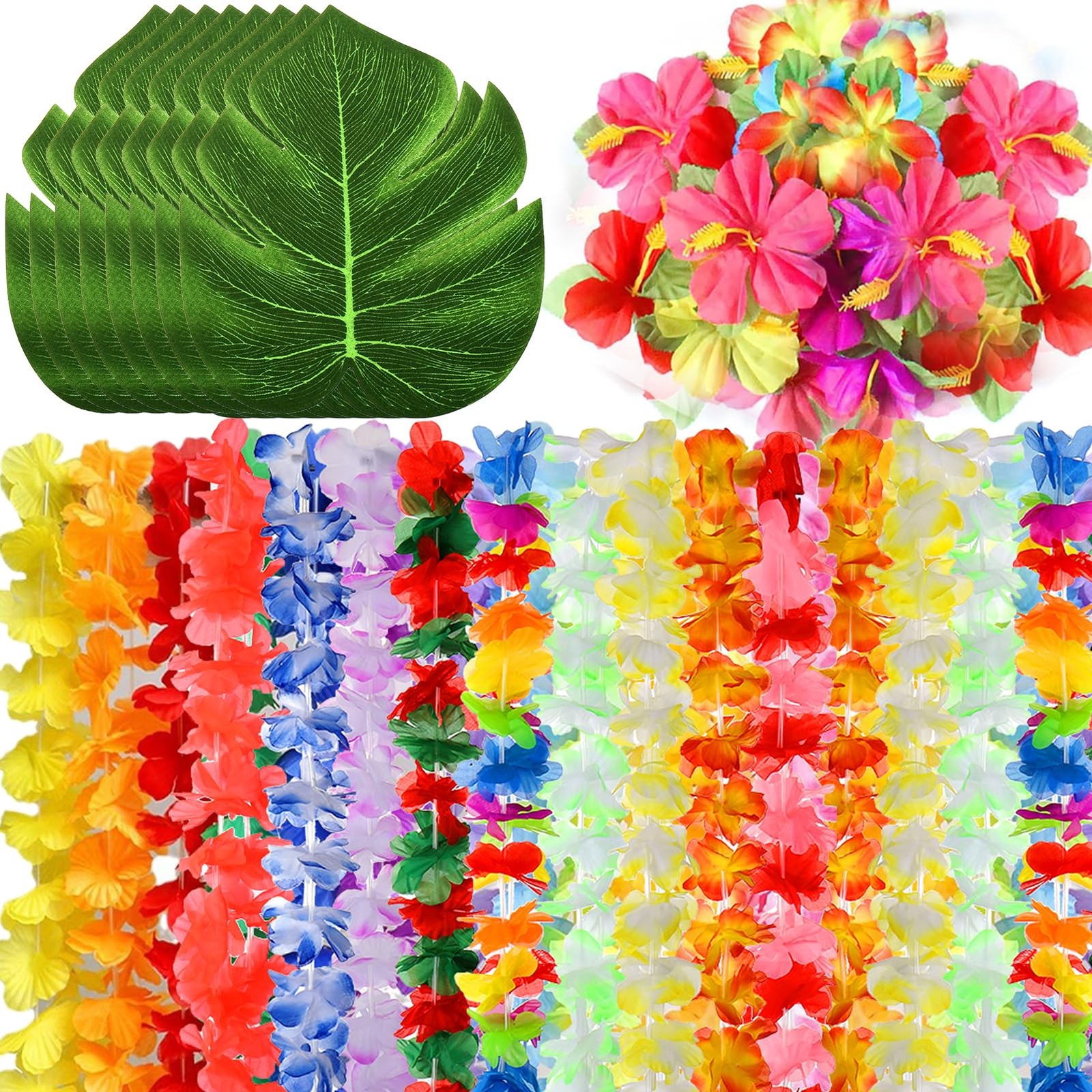 70 Pcs Hawaiian Luau Leis Decorations Supplies, Tropical Palm Leaves Hibiscus…