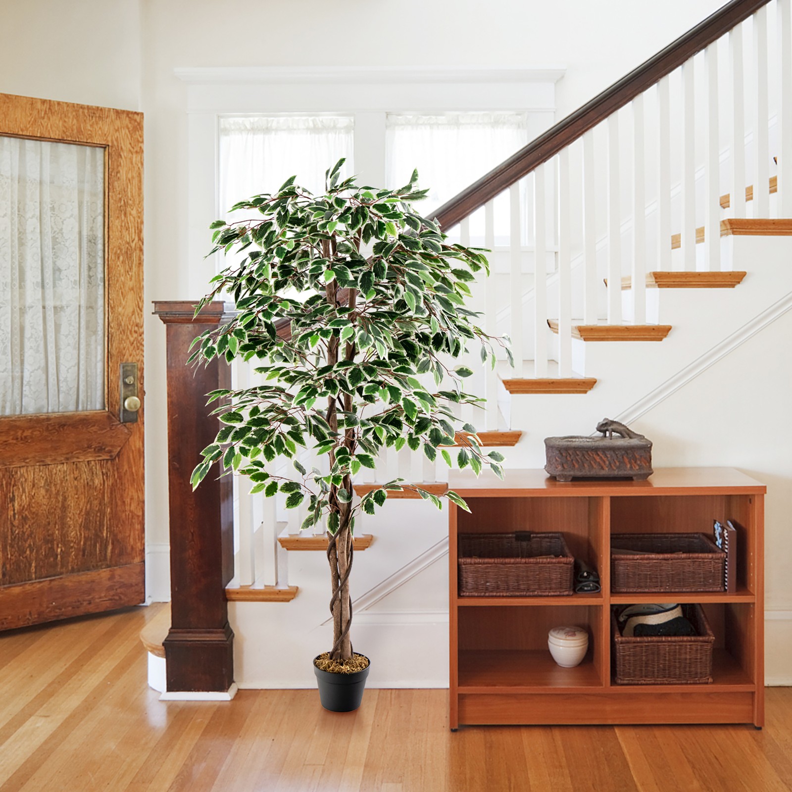 Artificial Ficus Tree Tall Faux Indoor Plant w/ 1008 Leaves Natural Wood Trunk