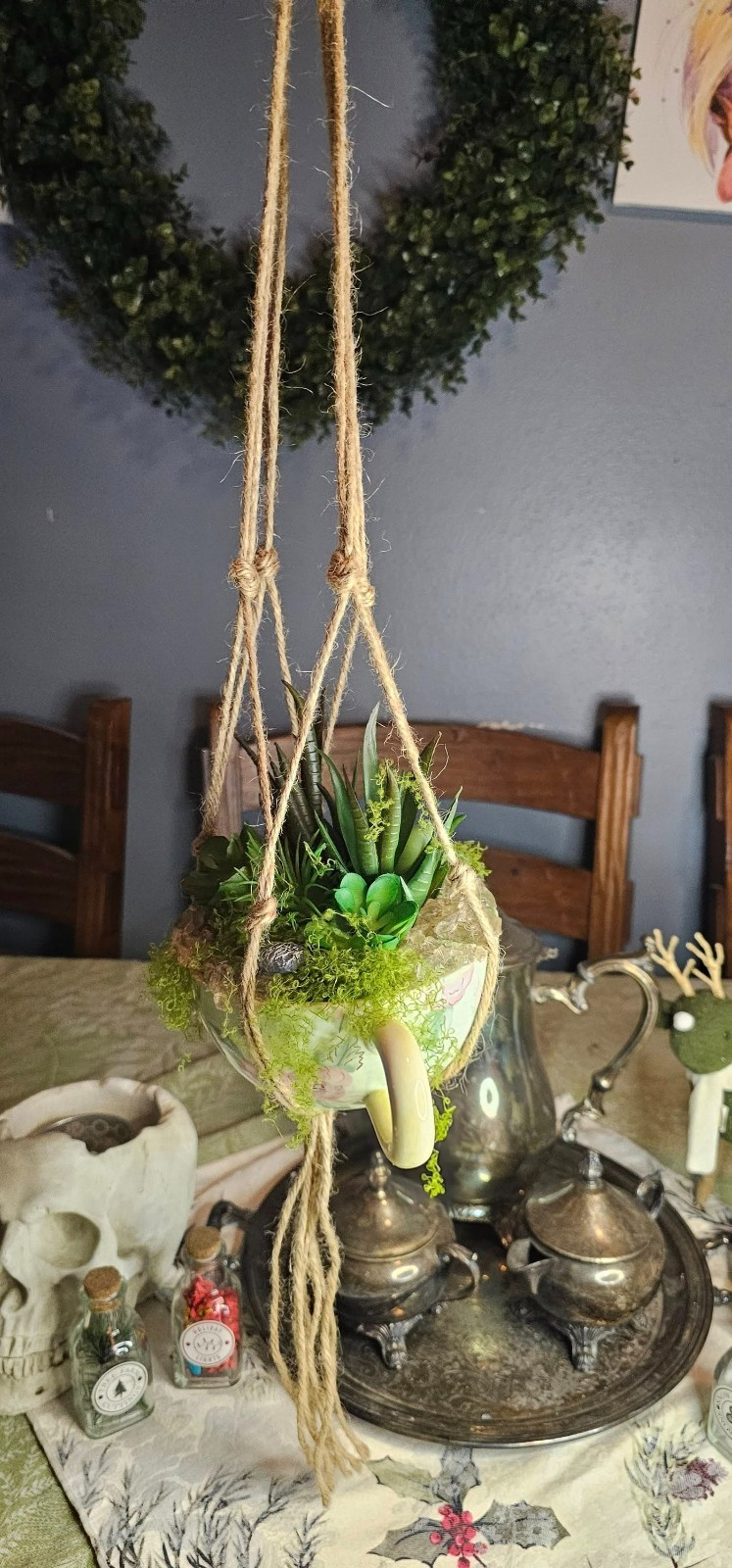 OOAK Upcycled DIY Succulent Tea Cup Fake Artificial Plant Decor Rose Quartz