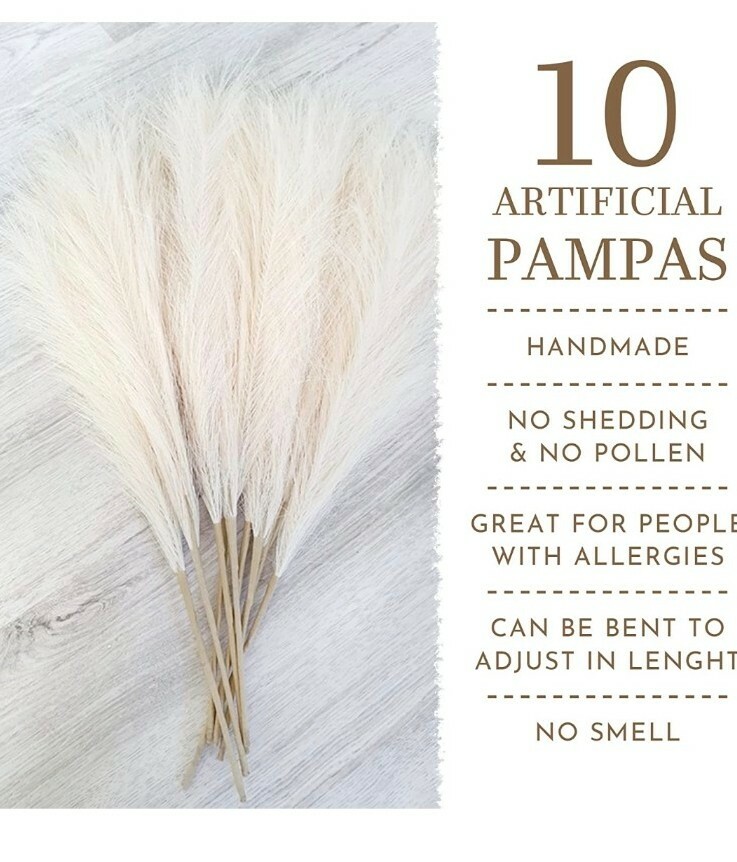 Faux Pampas Grass 10 Pcs with Farmhouse Beads, Home Decor, Small Pompous Grass