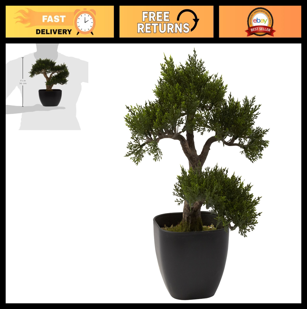 15-Inch Cedar Bonsai Artificial Tree – Lifelike Green Decor for Home & Office