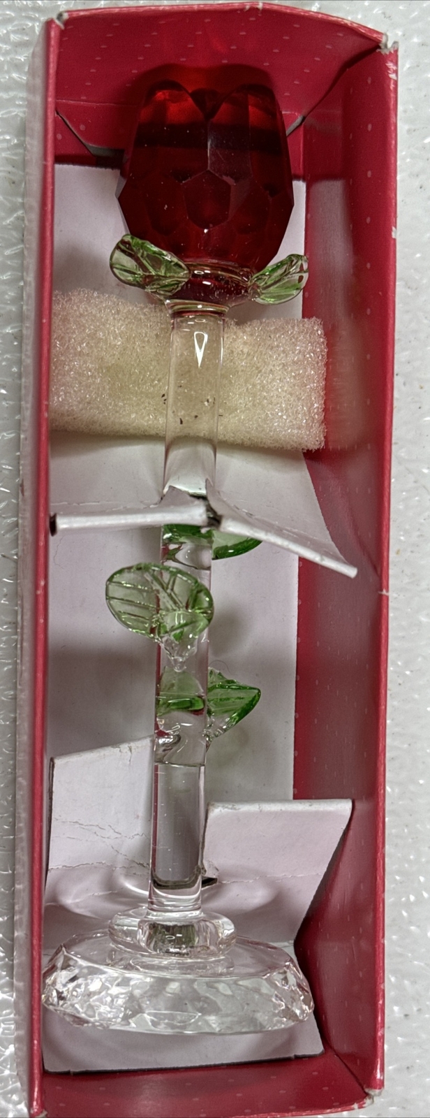 6” Valentines Day Painted Glass Rose Flower – Clear Base – New In Box ❤️ Love