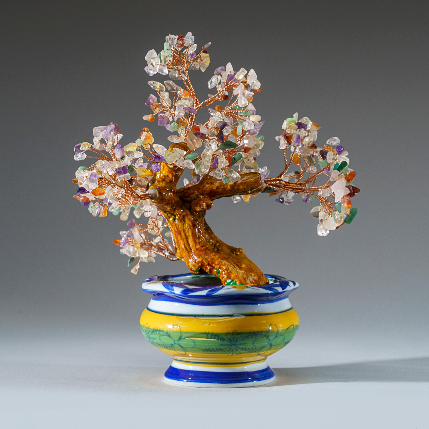 Genuine Multi Gemstone Bonsai Tree in Round Ceramic Pot (8.5”)