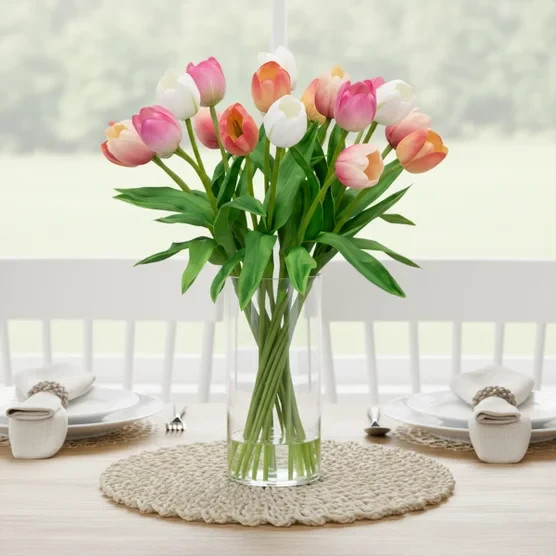 TULIPS FAKE ARTIFICIAL FLOWER FLORAL ARRANGEMENT SILK FLOWERS CERAMIC VASE NEW