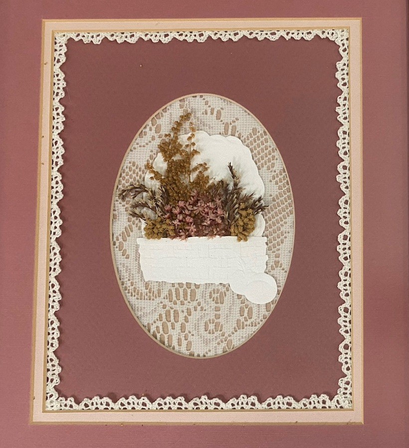 Pressed Flowers Floral Lace Border Basket Matted And Framed CottageCore Art