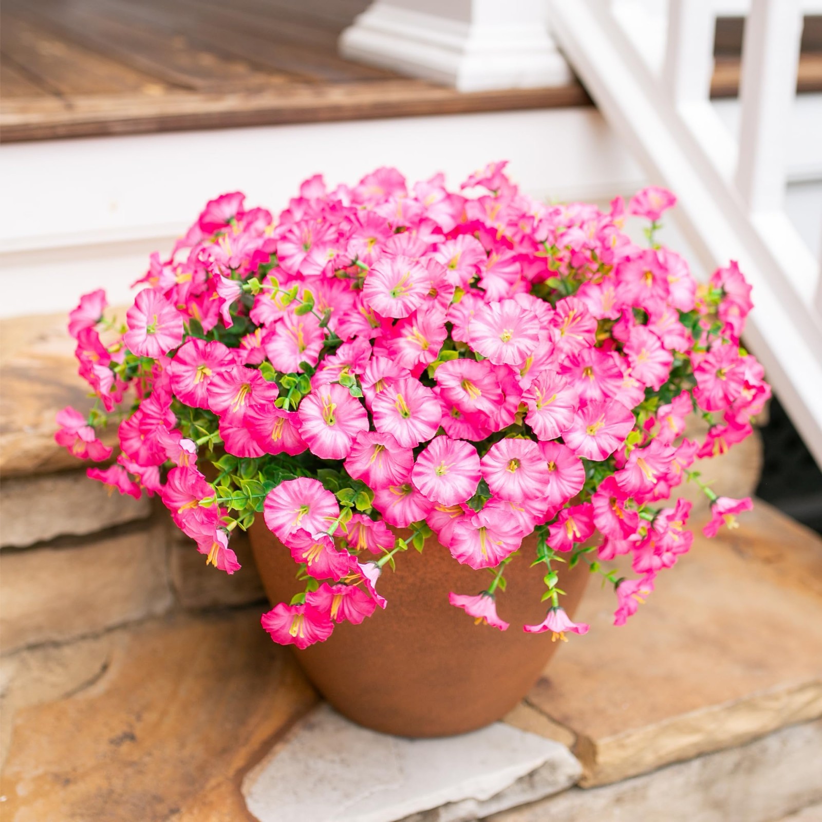 12 Bundles UV Resistant Pink Morning Glory Fake Flowers for Outdoor Decor, Eucal