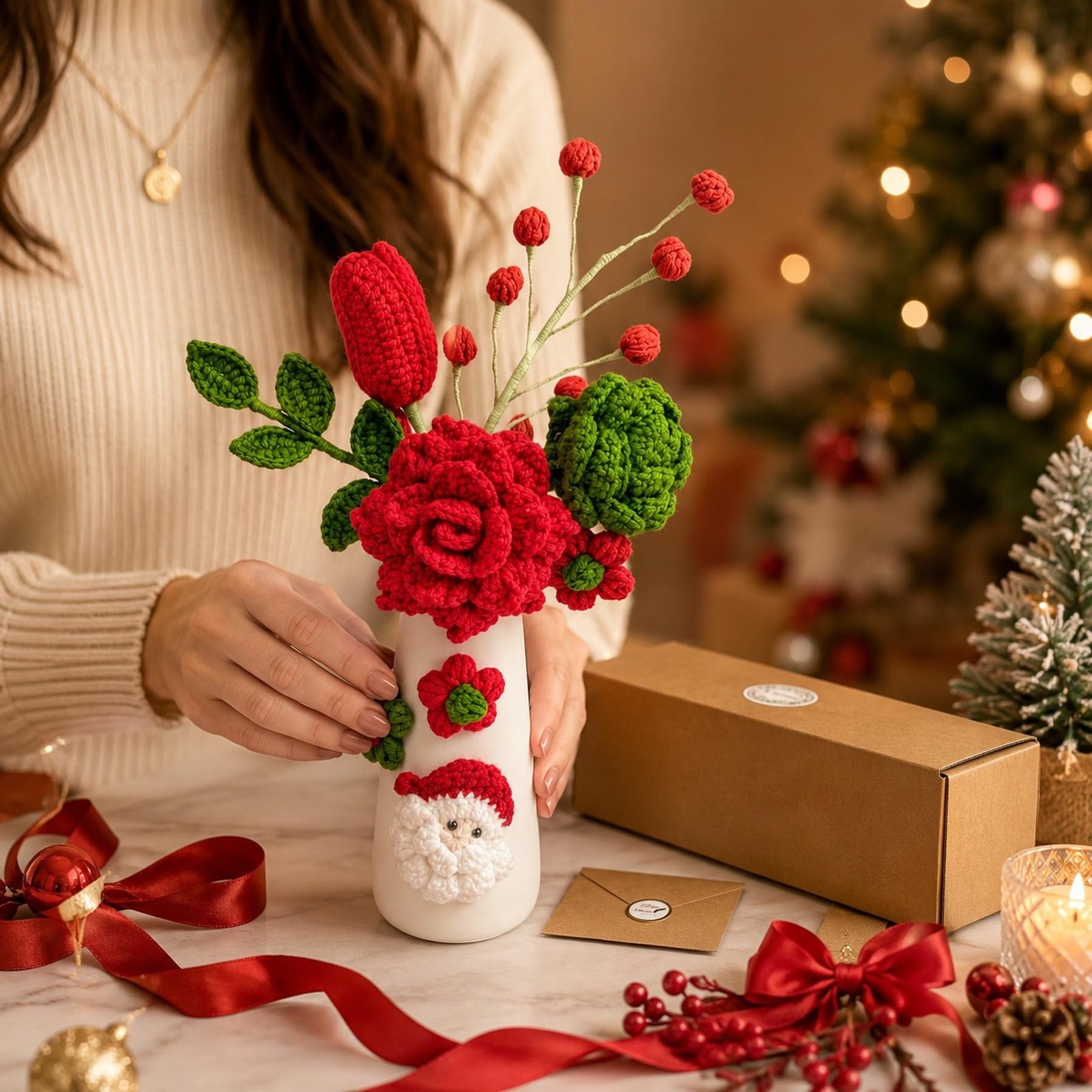 Crochet Christmas Flowers Artificial with Vase for Christmas New Year Decorat…
