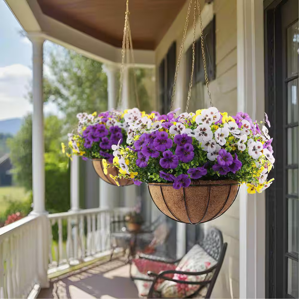 8 In. Purple Yellow White Indoor/Outdoor Artificial Pansy Flower-Uv Resistant Fa