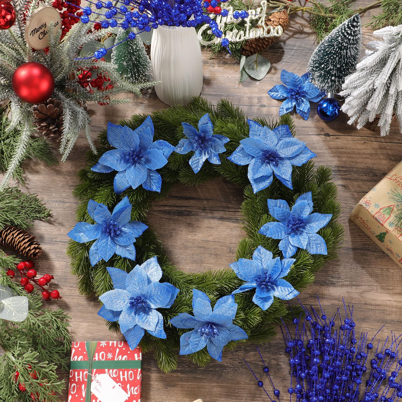 32 Pcs Christmas Tree Poinsettia Flowers and Berry Stems, 16 Pcs 3 Sizes Arti…