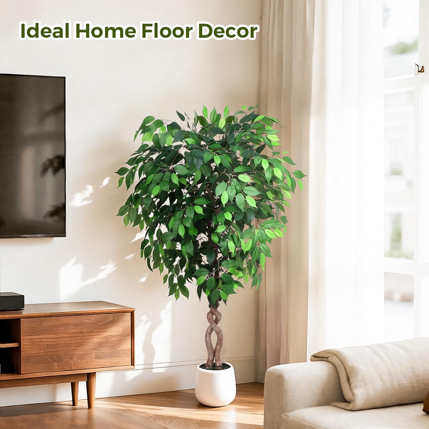 Jocoevol 5FT Artificial Ficus Tree, Tall Faux Trees Indoor White Planter, Dried