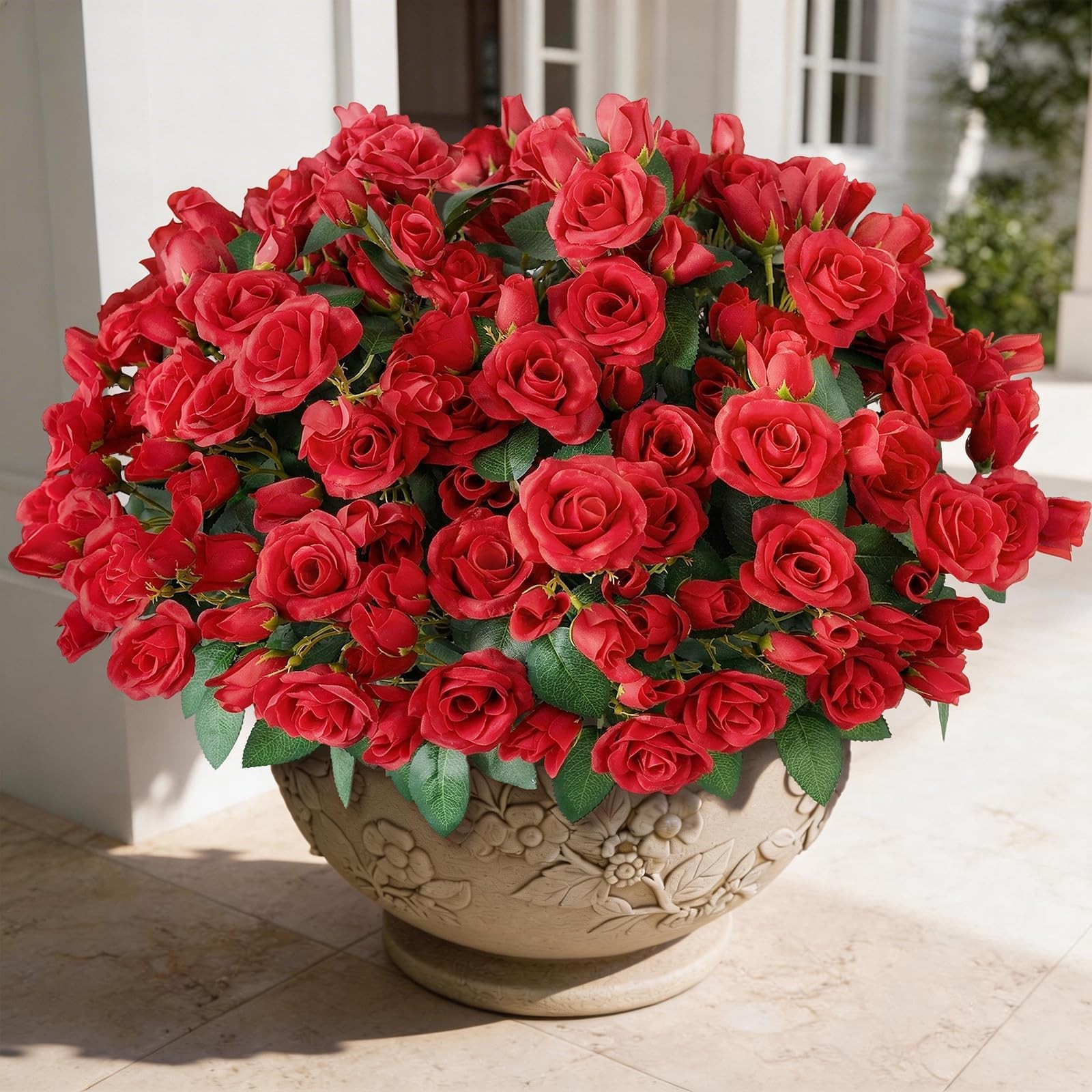 Bundles Artificial Roses for Front Door Outdoor Decor, Realistic Fake 8 Red