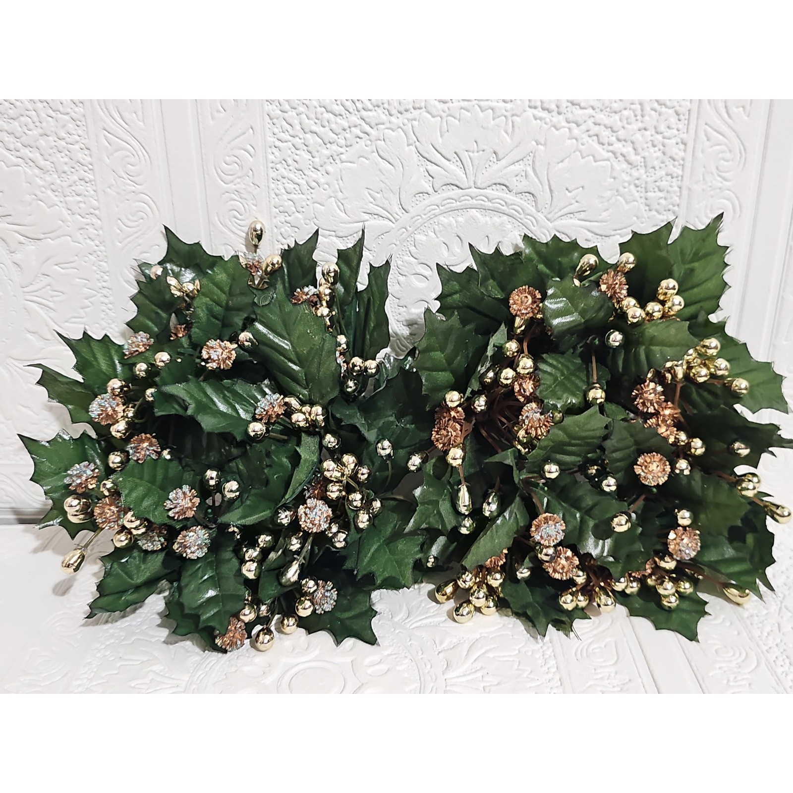 Two Vintage Candle Ring Pillar Wreath Centerpiece Gold Pinheads Holly Christmas