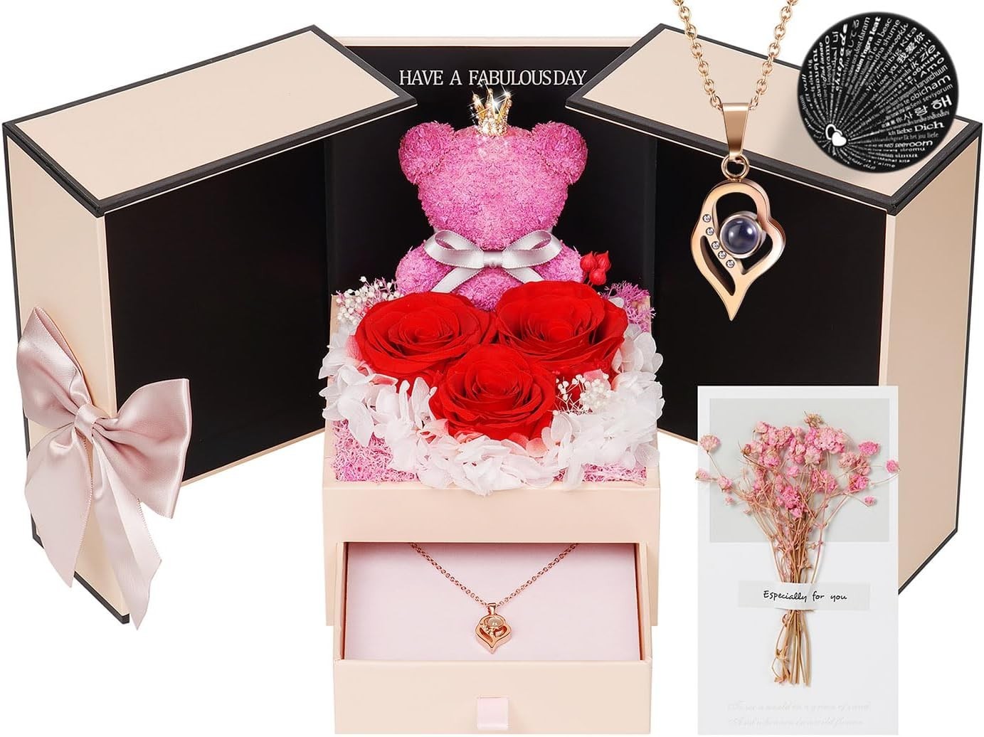 Eternal Preserved Rose Gift with I Love You Necklace – Timeless Elegance for Her
