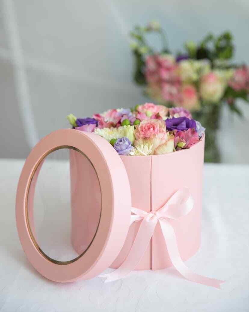 Premium Quality Round Shape Flower Box, Floral Gift Box, 2 Tier, with Lid, Pink