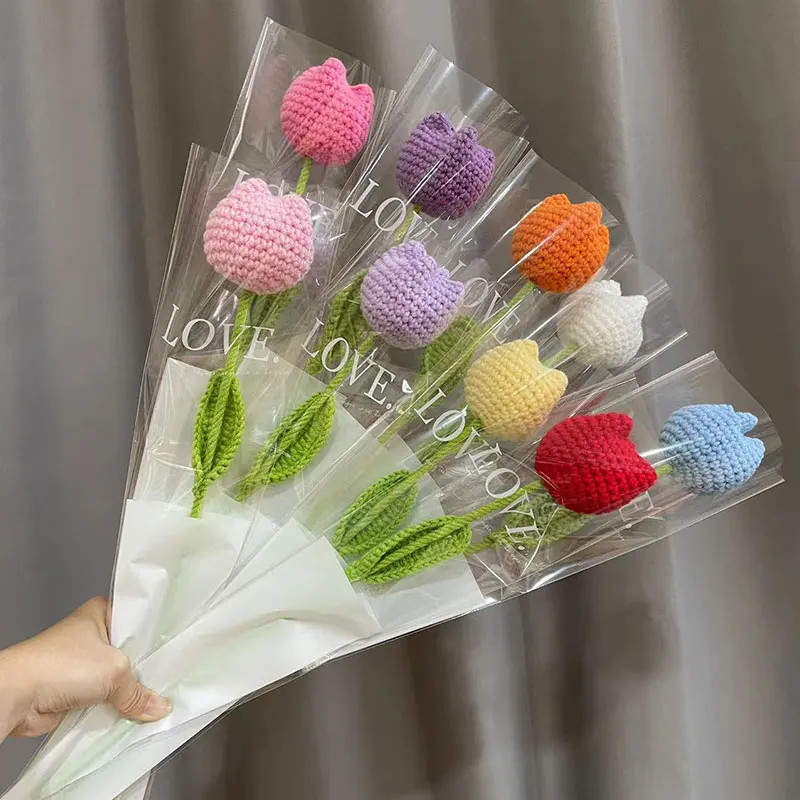 1PC Knitted Flower Tulips Fake Flowers Bouquet Wedding Decoration Hand Crochet W