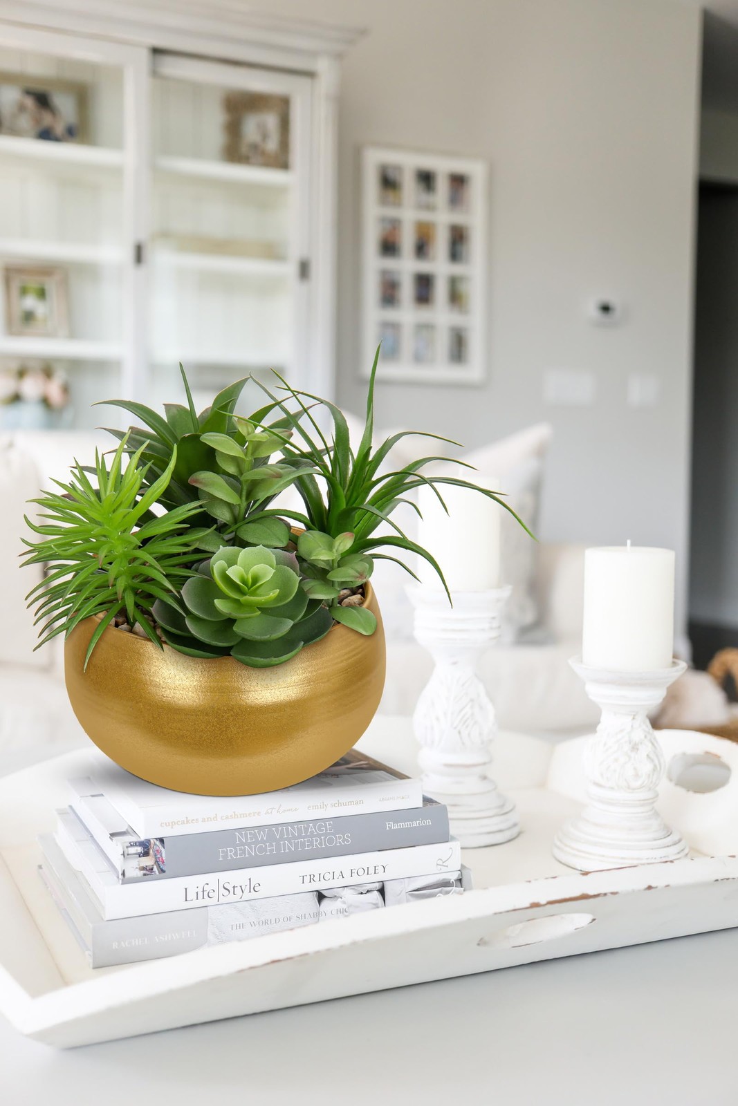 Artificial Succulents In Pots Gold Ceramic Planter Bowl Faux Fake Potted Plant