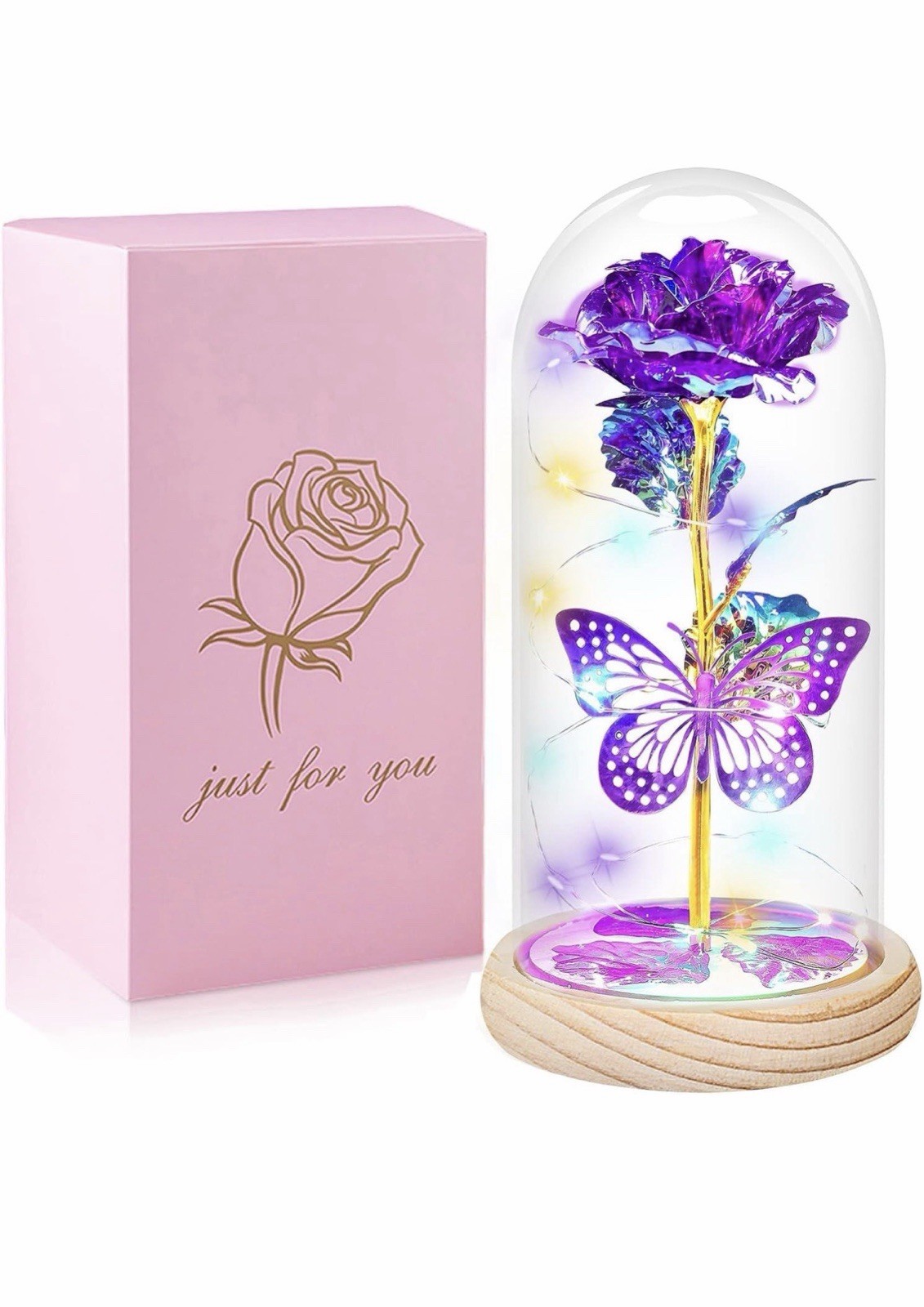 Purple Artificial Rose Arrangement in Glass Dome w/ Butterfly & LED Lights
