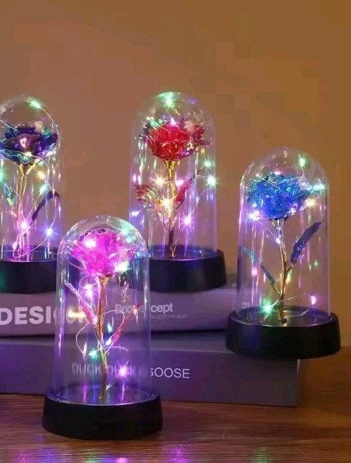 New with Box – Crystal Rose with LED Light In Dome Cover – Happy Birthday – blue