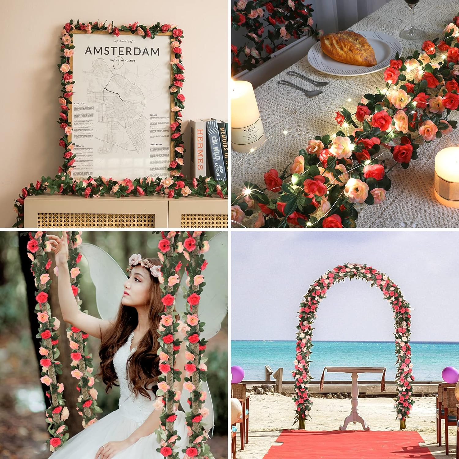 Flower Garland Rose Vines, 2 Strands 16.5Ft Flower Vines for Bedroom, Rose Flora