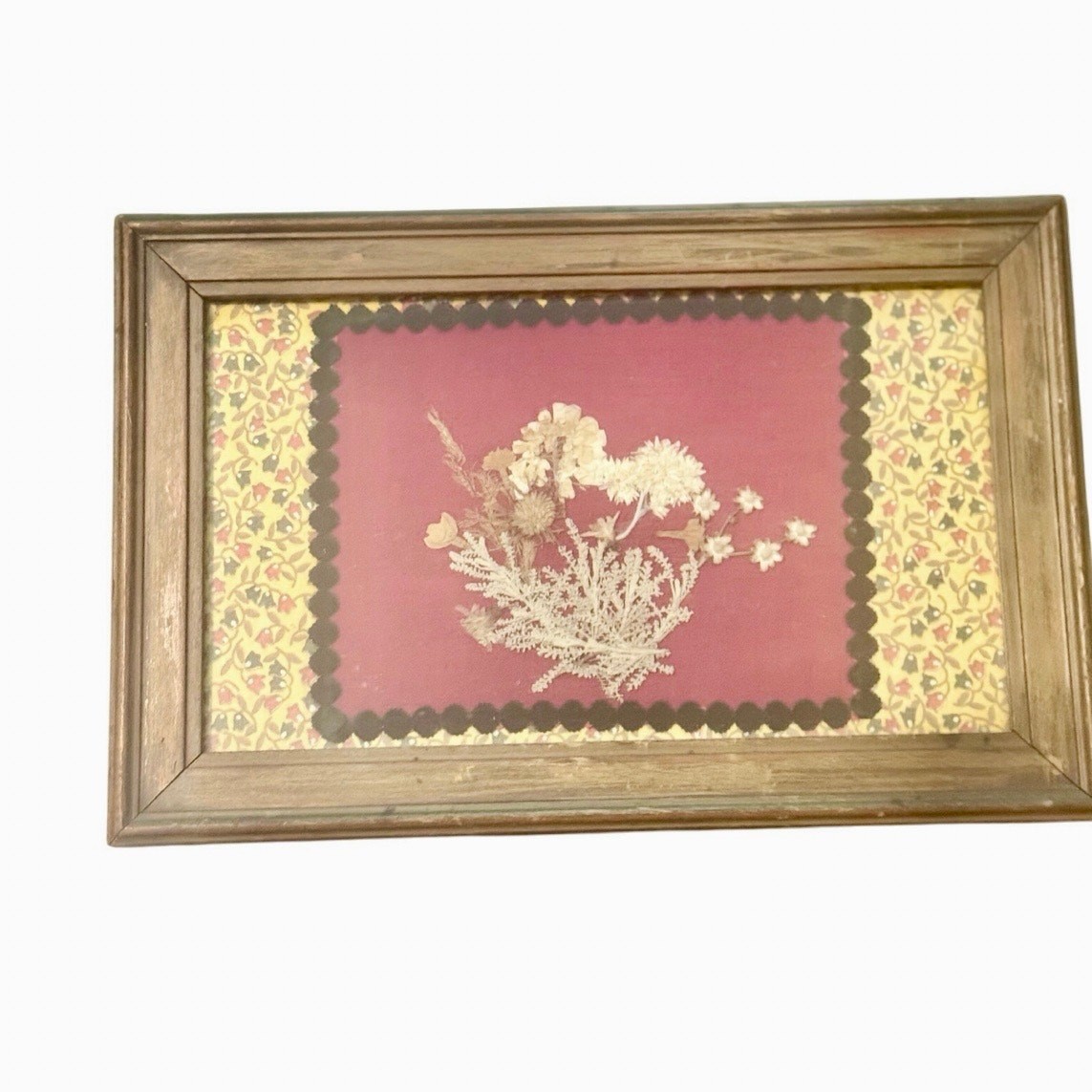 Vintage Framed Dried Flowers on Fabric – Rustic Country Cottage Wall Art