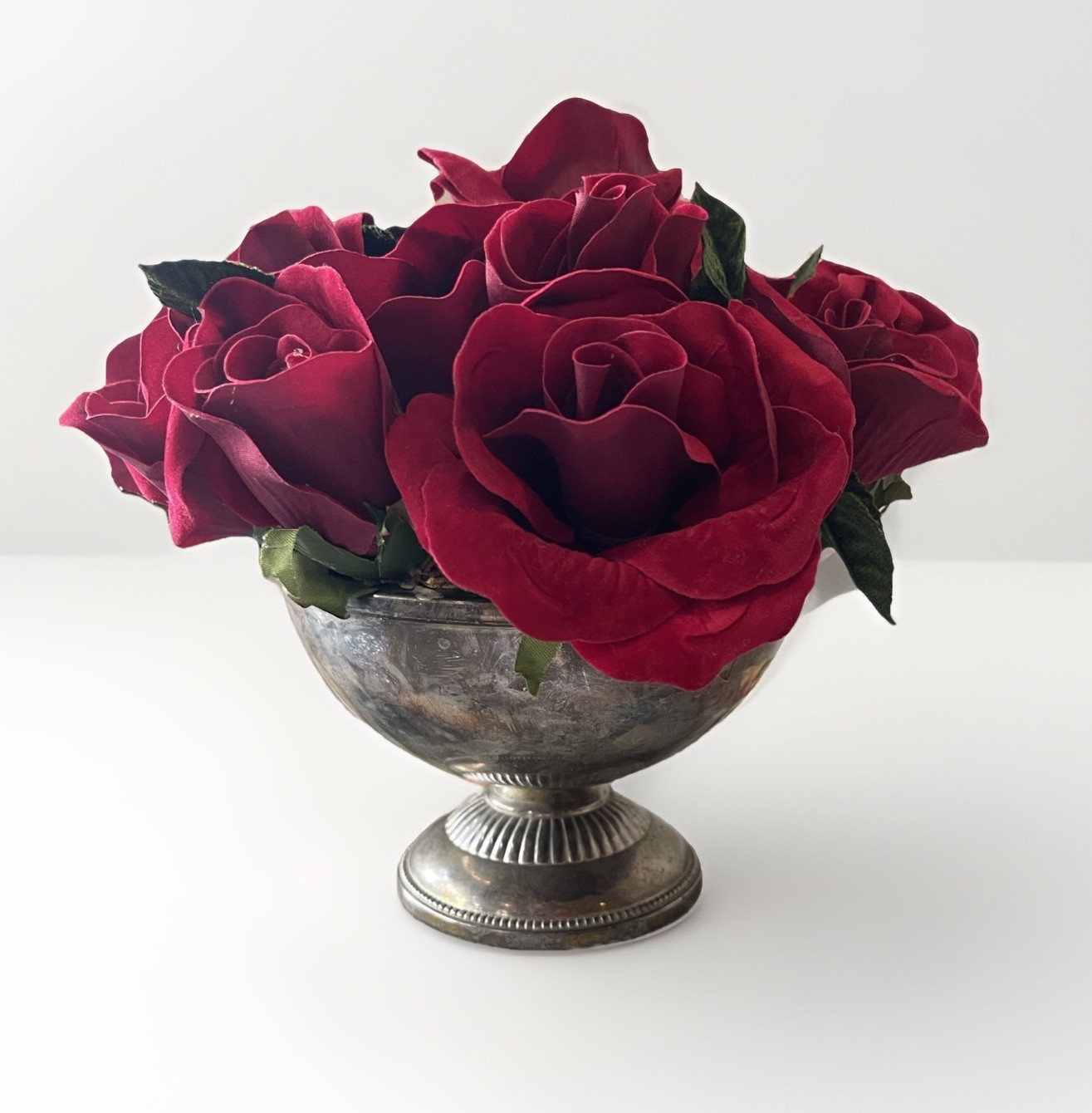 Faux Red Rose Small Arrangement In Aged Silver Pedestal Urn