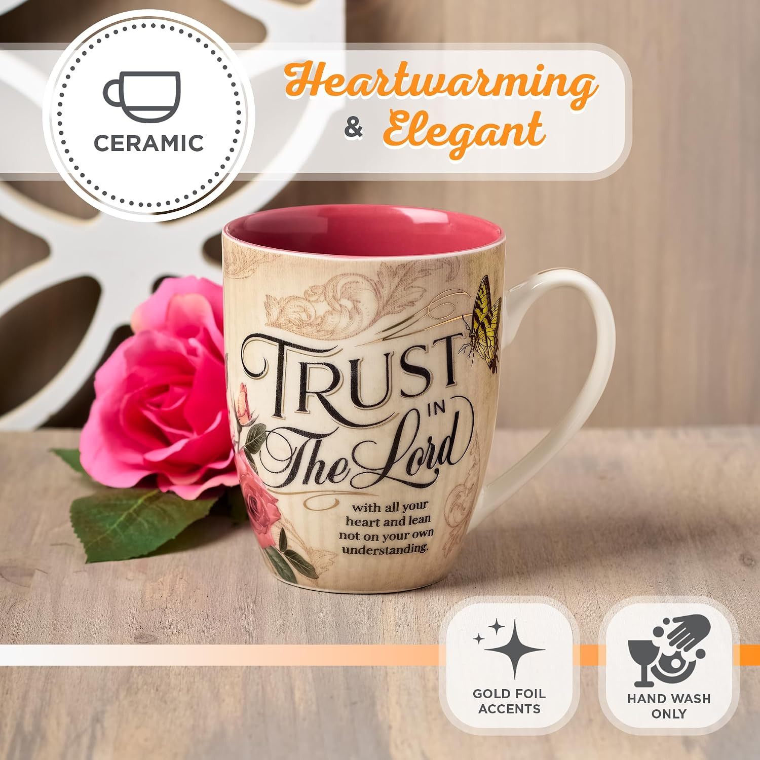 Pink Rose Floral & Yellow Butterfly Ceramic Coffee Mug – 12