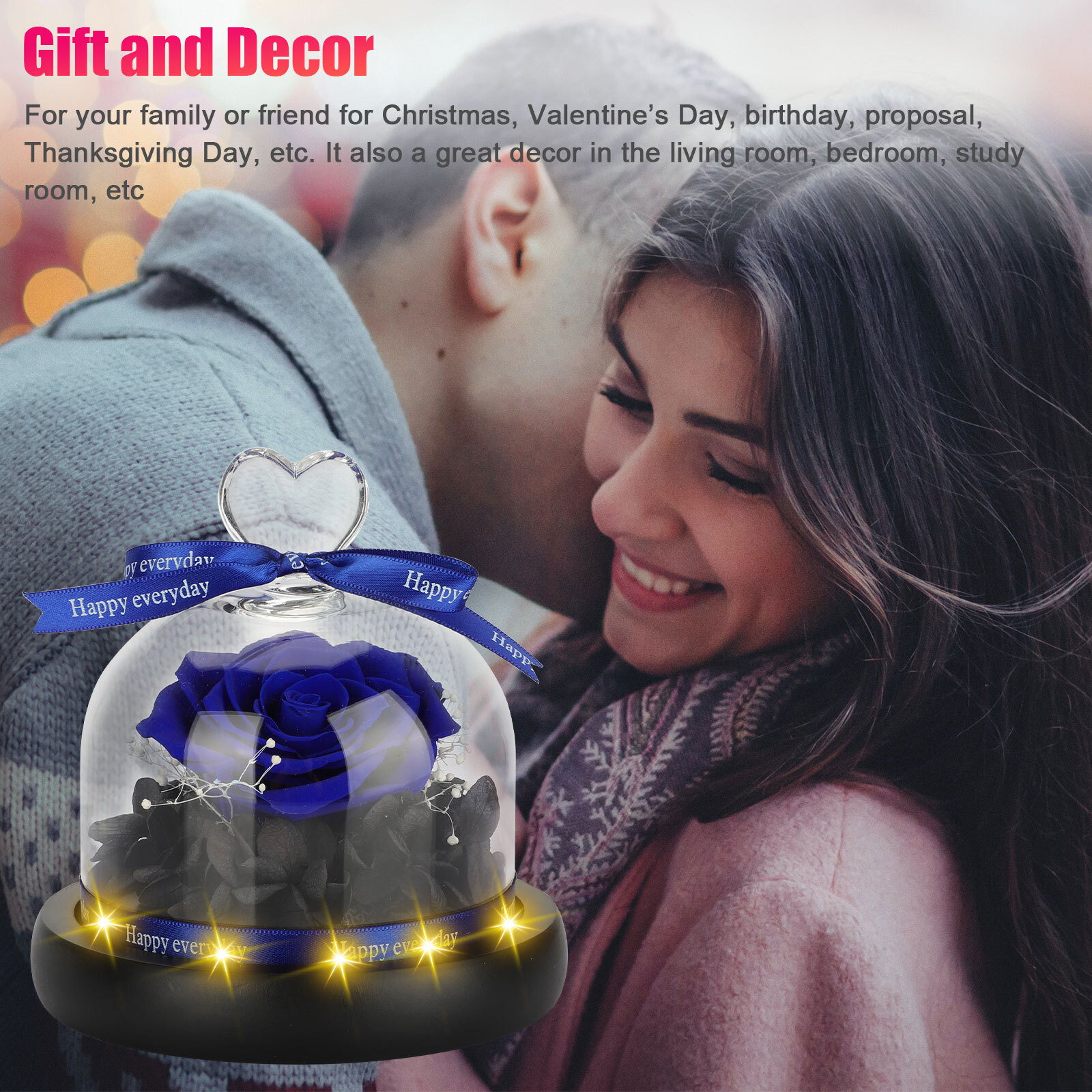LED Eternal Forever Rose Flower Glass Dome Ring Lighted Christmas Preserved Gift