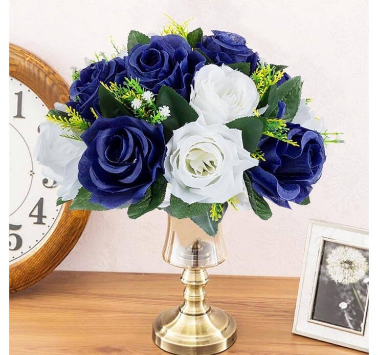 9.5” Floral Centerpiece Navy Blue White Rose Artificial Silk Set Of 2