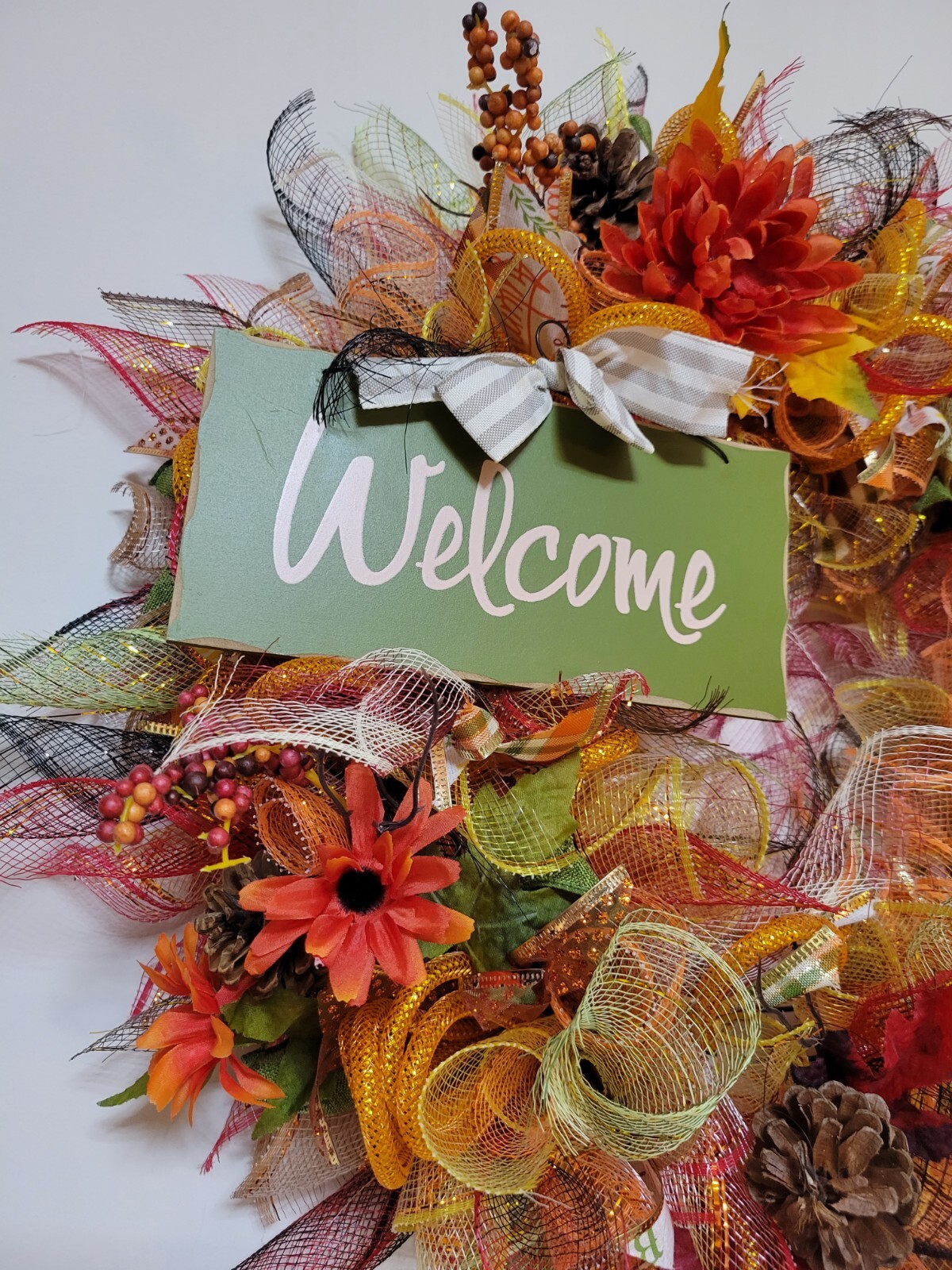 WELCOME autumn Spring Mesh Front Door Wreath Wall Decor Bright colors large